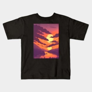 Minimalist Landscape with Sunrise and Cloudy Lake View Art Print on tshirt, poster Design Kids T-Shirt